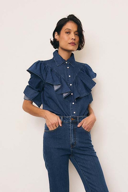 Ruffle Denim Shirt in Mid Blue
