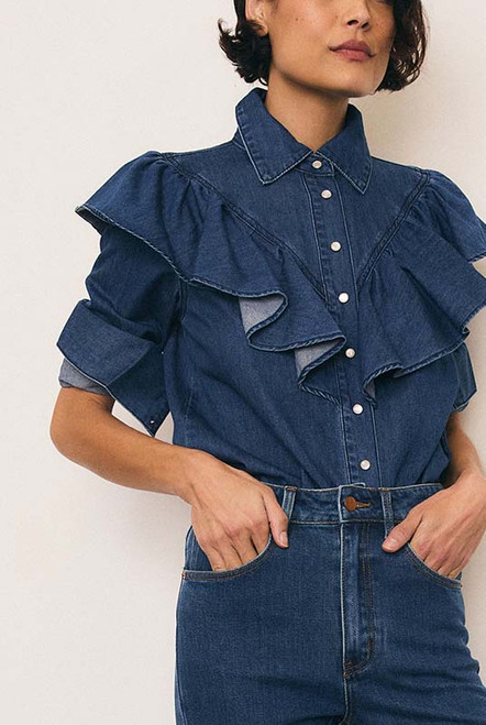 Ruffle Denim Shirt in Mid Blue