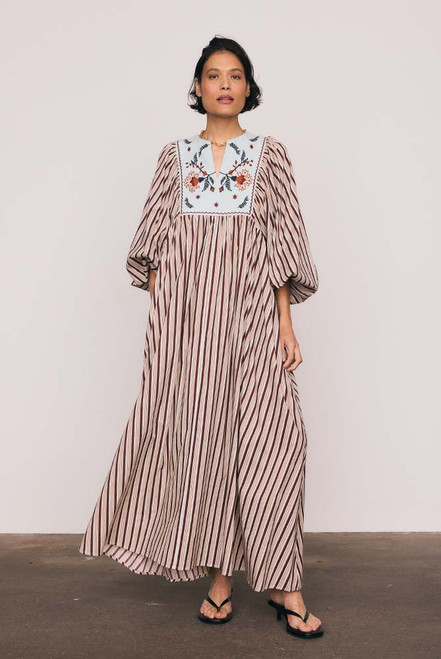 Scallop Embroidery Bib Maxi Dress in Stripe