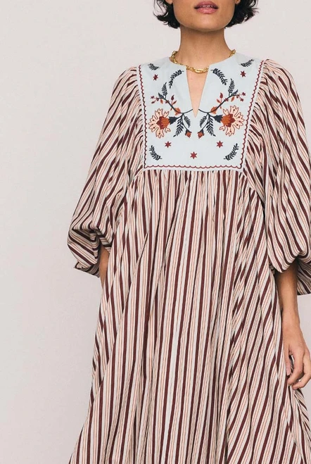 Scallop Embroidery Bib Maxi Dress in Stripe