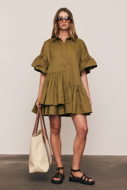 Olive Genoa Cotton Dress in Khaki