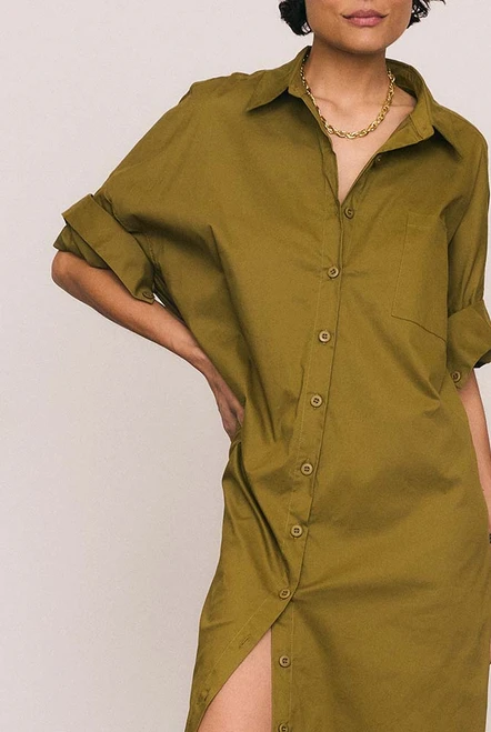Olive Work Smock Dress in Khaki