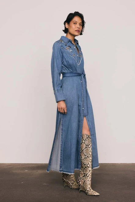 Paisley Opera Denim Dress in Mid Blue