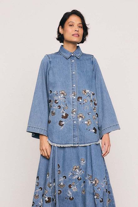 Paisley Border Tunic Top in Mid Blue