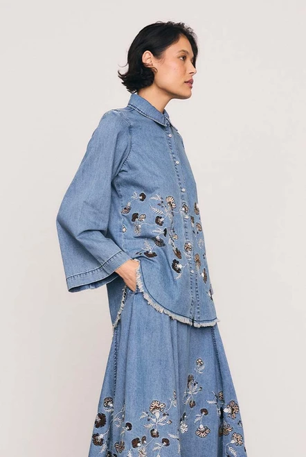 Paisley Border Tunic Top in Mid Blue