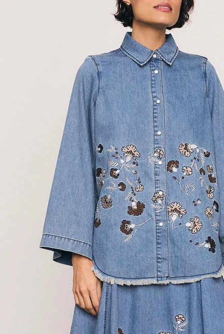 Paisley Border Tunic Top in Mid Blue