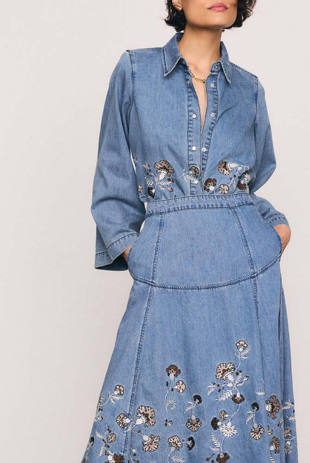 Paisley Border Circle Skirt in Mid Blue