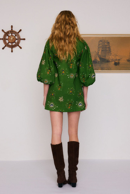 Firefly Billow Sleeve Mini Dress in Green