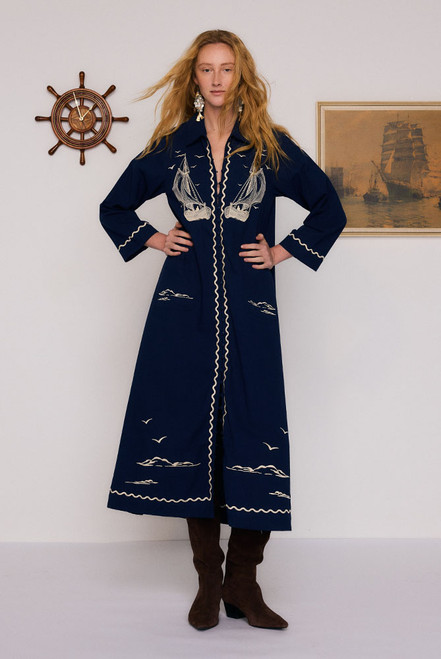 Nautical Embroidered Midi Dress in Navy