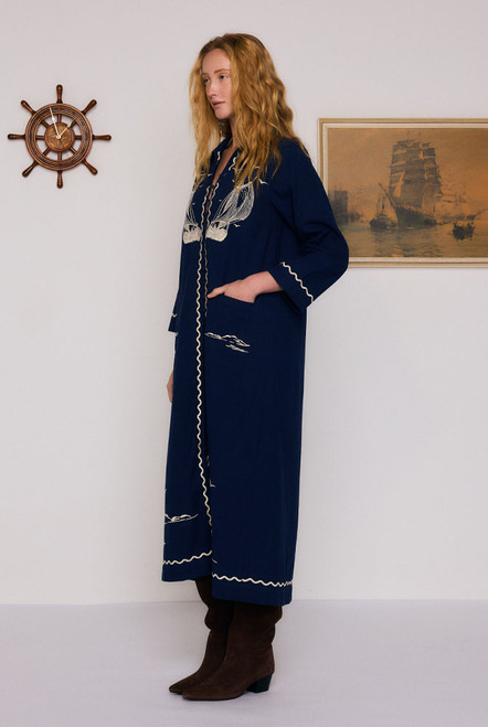 Nautical Embroidered Midi Dress in Navy