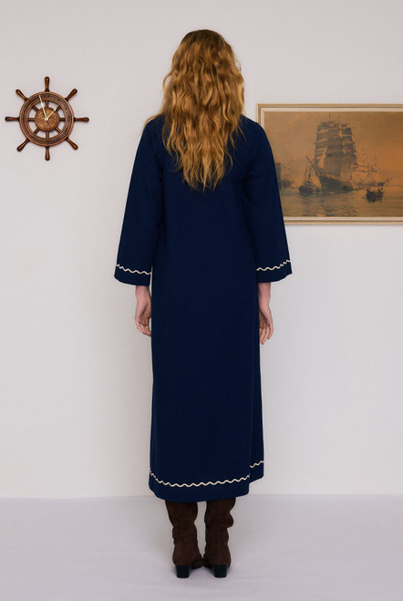 Nautical Embroidered Midi Dress in Navy
