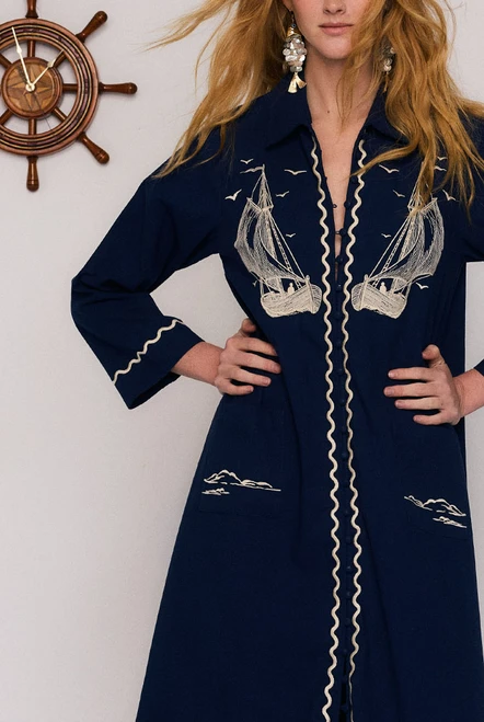 Nautical Embroidered Midi Dress in Navy