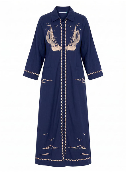 Nautical Embroidered Midi Dress in Navy