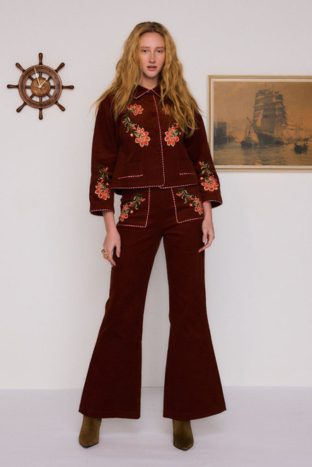 Sadie Embroidered Crop Flare in Burgundy