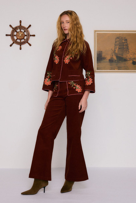 Sadie Embroidered Crop Flare in Burgundy