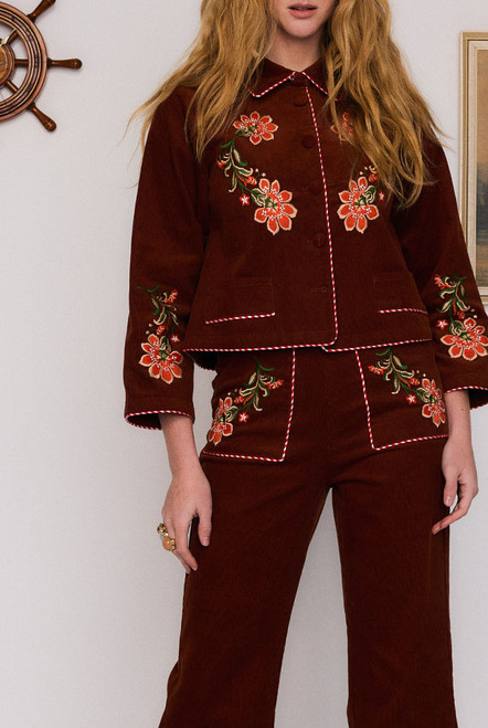Sadie Embroidered Crop Flare in Burgundy