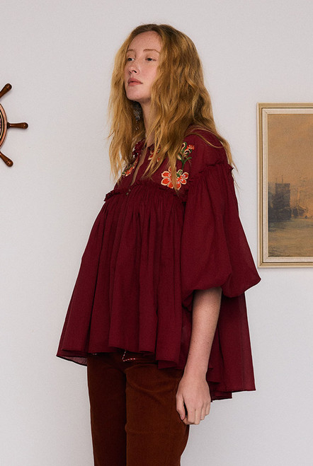 Sadie Embroidered Blouse in Burgundy