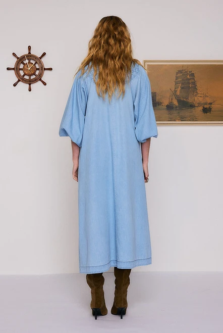 Chambray Smocked Midi Dress in Blue