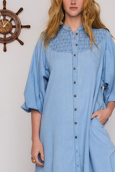 Chambray Smocked Midi Dress in Blue