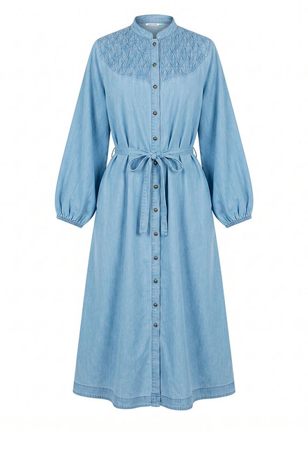 Chambray Smocked Midi Dress in Blue