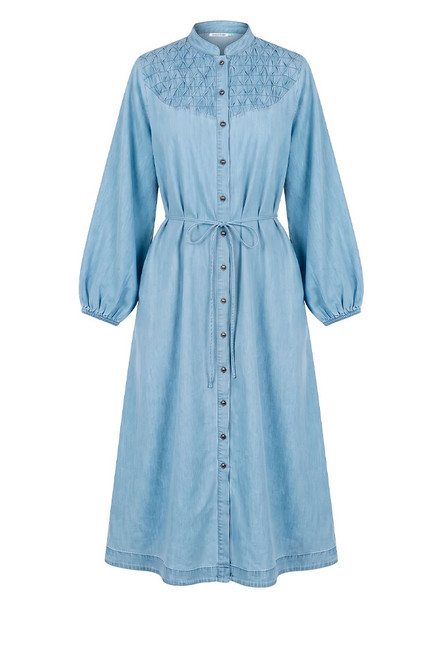 Chambray Smocked Midi Dress in Blue