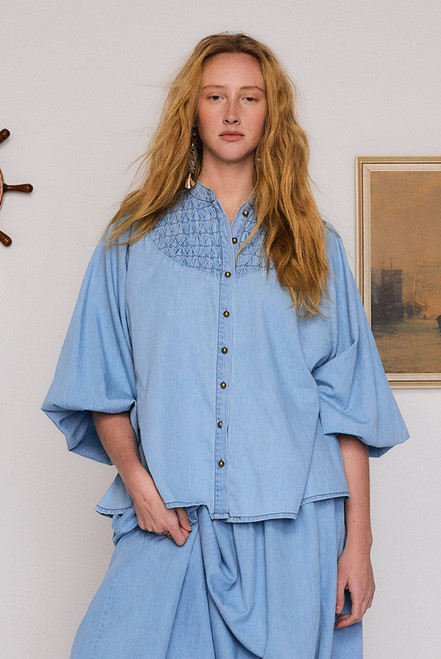 Chambray Smocked Blouse in Blue