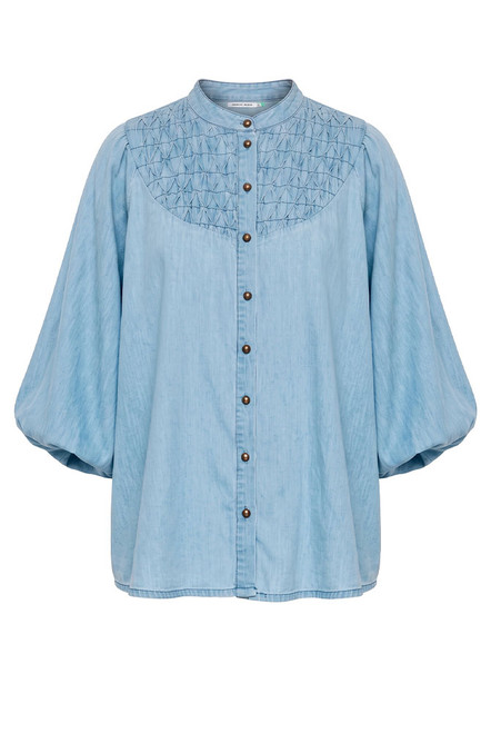 Chambray Smocked Blouse in Blue