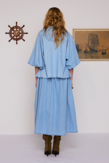 Chambray Smocked Blouse in Blue