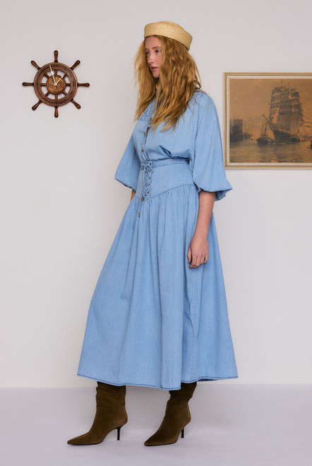 Chambray Lace Up Midi Skirt in Blue