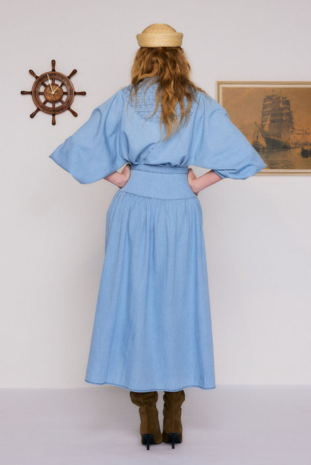 Chambray Lace Up Midi Skirt in Blue
