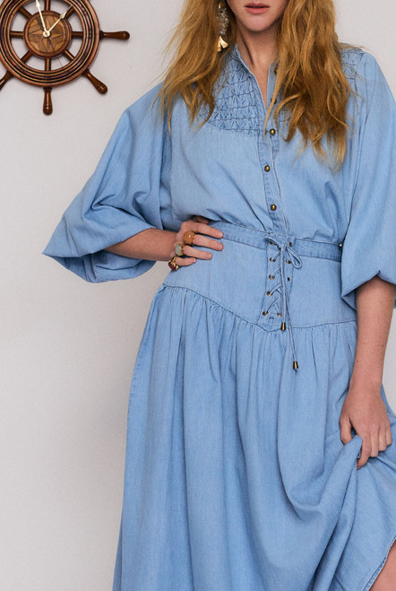 Chambray Lace Up Midi Skirt in Blue