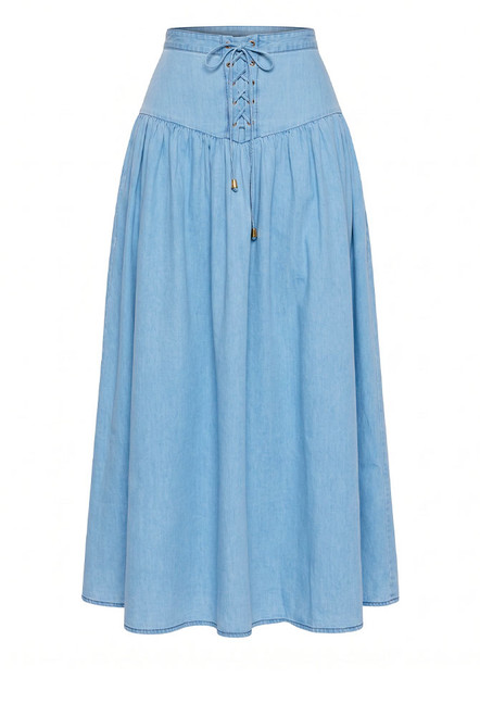 Chambray Lace Up Midi Skirt in Blue