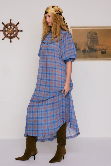 Cleo Frill Bib Maxi Dress in Check