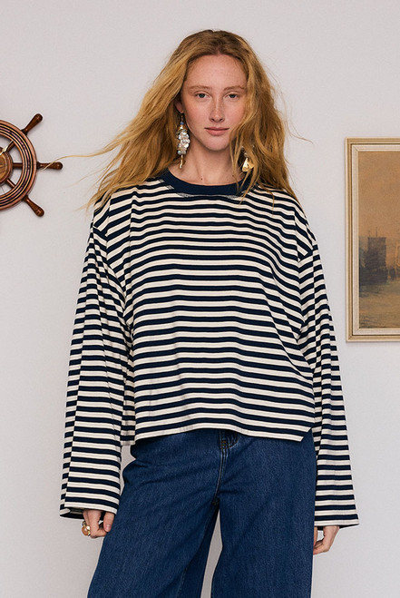 Stripe Long Sleeve Tee in Blue Cream Stripe