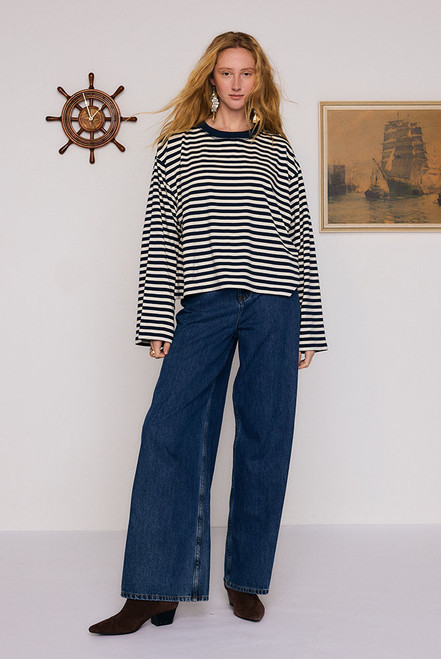 Stripe Long Sleeve Tee in Blue Cream Stripe