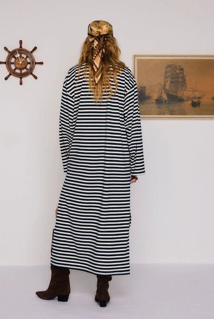 Stripe Long Sleeve Midi Dress in Blue Cream Stripe