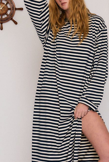 Stripe Long Sleeve Midi Dress in Blue Cream Stripe