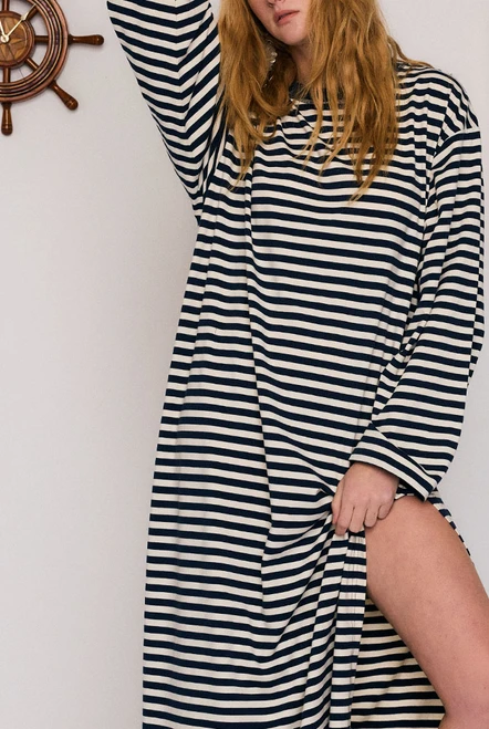 Stripe Long Sleeve Midi Dress in Blue Cream Stripe
