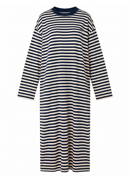 Stripe Long Sleeve Midi Dress in Blue Cream Stripe