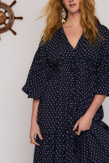 Paisley Billow Sleeve Maxi in Navy