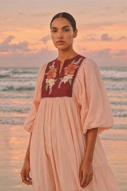Paloma Embroidered Bib Smock Dress in Coral
