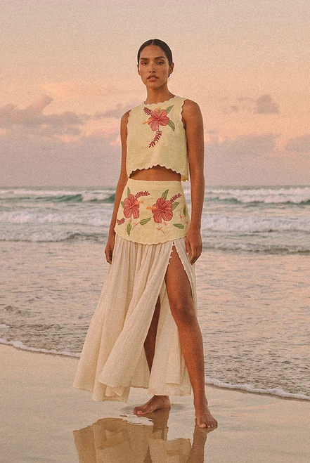 Paloma Embroidered Yoke Midi Skirt in Lemon