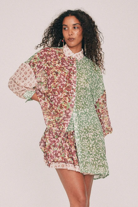 Cut from soft georgette, this oversized shirt carries the spliced Ola design, drawn by hand in our Central Coast studio. A classic collar, long cuffed sleeves and a full button front lend it the ease of a borrowed-from-the-boyfriend shirt. Wear it buttoned and tucked into the coordinating skirt, open over a slip, or over swimmers on the walk back from the beach on your summer vacation. Intended to be oversized, so size down for a closer fit, or lean in to the design and take your usual size. Designed from a 6 to a 22.