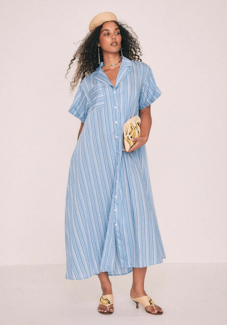 Midi Shirt Dress in Blue Stripe