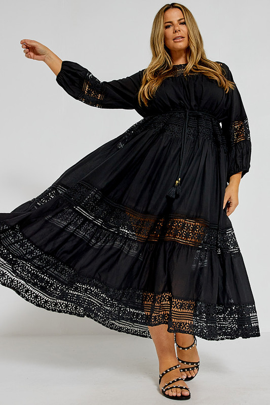 Lace Tiered Maxi Dress in Black Online 