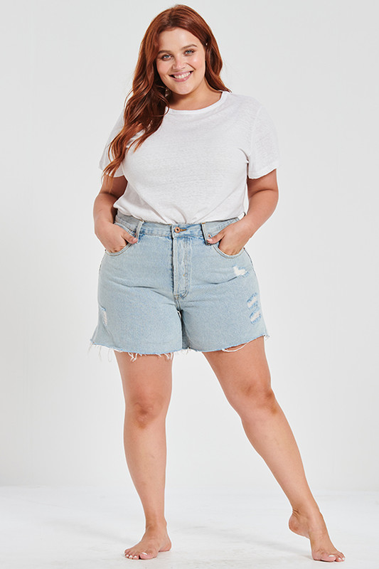 Long Line Distressed Denim Shorts 