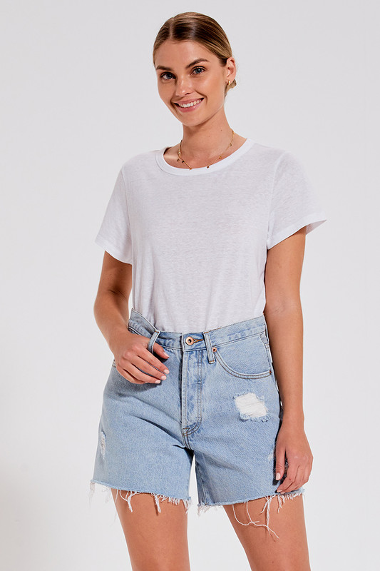 Long Line Distressed Denim Shorts 