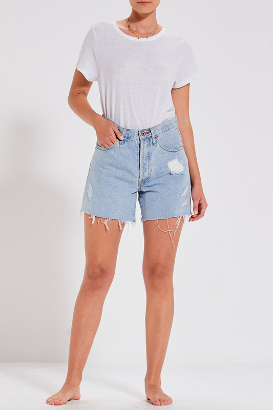 Long Line Distressed Denim Shorts 