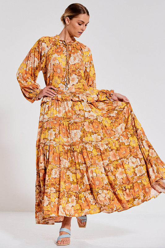 Ruffle Neck Tiered Maxi Dress with Pin Tucks in Rust Multi