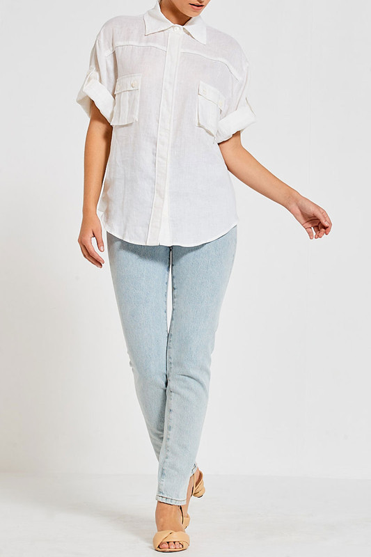 Western Shirt With Tab Sleeve In White Linen